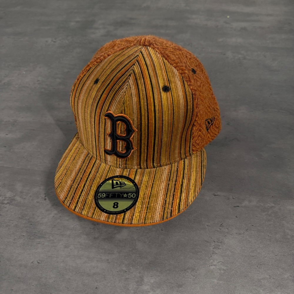 New Era Boston Red Sox Hat 8 Orange Brown Corduroy Indie Striped Hippie Alt Cap
